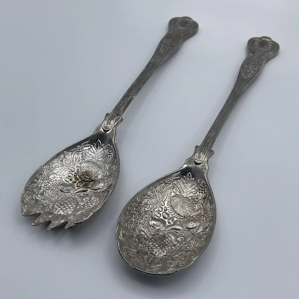Silverplate Salad Serving Set Vintage English Fruit Repousse 2 Pc Fork and Spoon